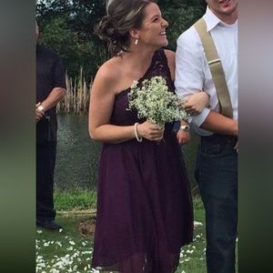 Purple, one shoulder dress, roughly around knee length